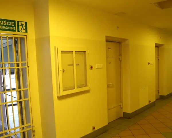 Korytarz więzienny z kratami i drzwiami cel. Nad drzwiami znak "Wyjście ewakuacyjne".