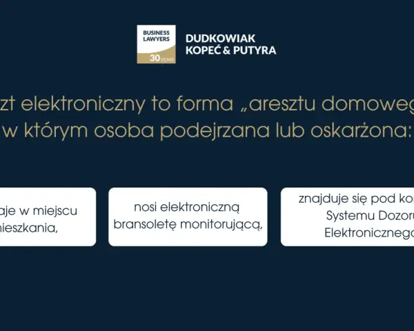 Areszt elektroniczny jako środek zapobiegawczy: pozostaje w miejscu zamieszkania, nosi bransoletę monitorującą i jest pod kontrolą Systemu Dozoru Elektronicznego.
