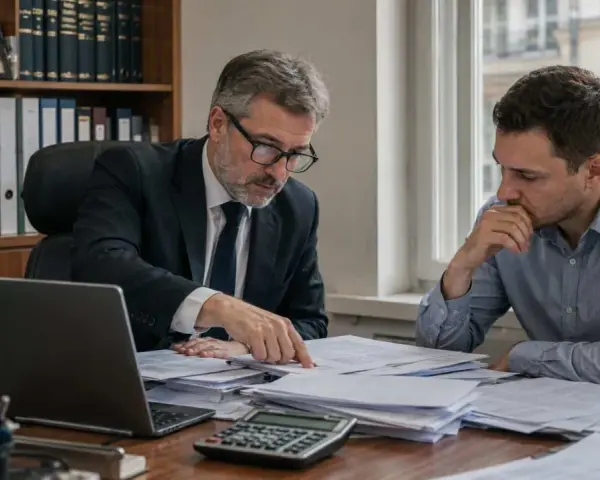 Prawnik w garniturze tłumaczy klientowi paragraf 271a kk, wskazując na dokumenty. Klient zamyślony słucha.