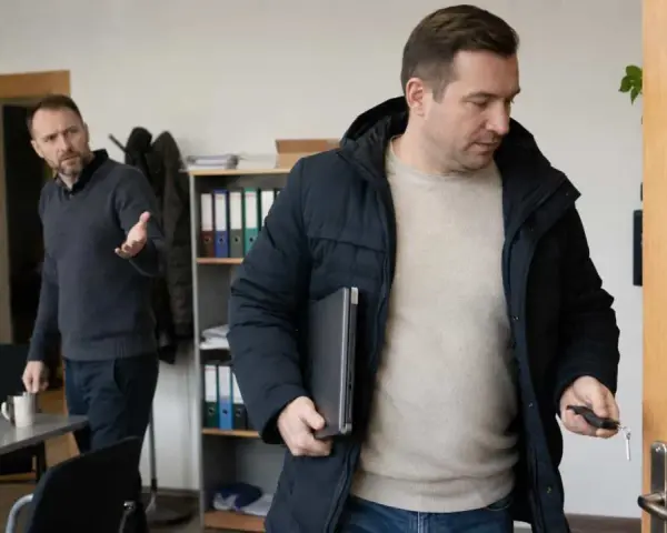 Mężczyzna wychodzi z biura z laptopem pod pachą, trzymając kluczyki. Jego kolega gestykuluje, sugerując przywłaszczenie mienia.