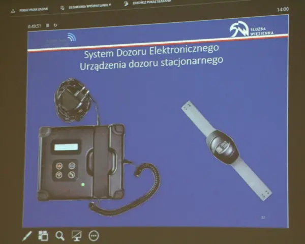 System dozoru elektronicznego, urządzenie stacjonarne i opaska. Może być używane do wynajmu mieszkania z dozorem.