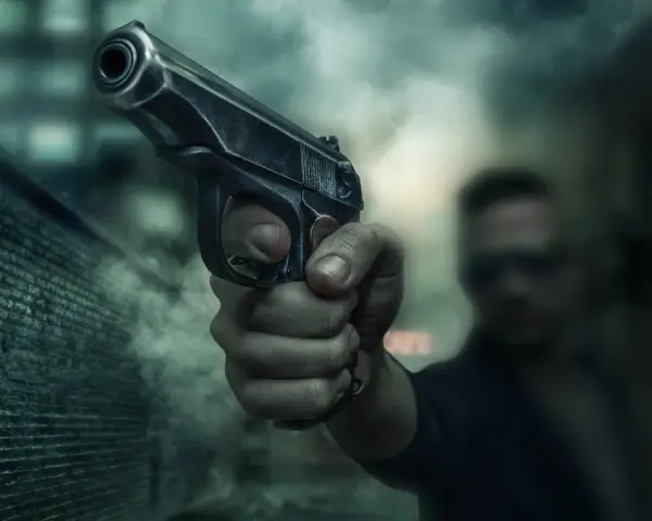 Dłoń trzyma pistolet, gotowa do strzału. Scena sugeruje sytuację z art. 64 par. 2 kk, gdzie groźba użycia broni może być kluczowa.