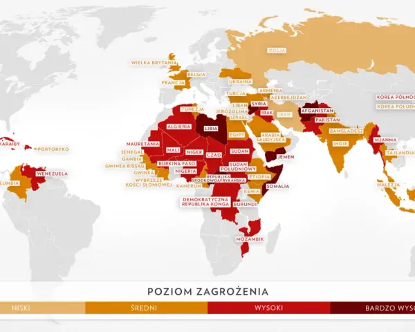 Mapa świata z zaznaczonymi krajami, gdzie nie ma ekstradycji. Kolory wskazują poziom zagrożenia: od niskiego (pomarańczowy) do bardzo wysokiego (czerwony).