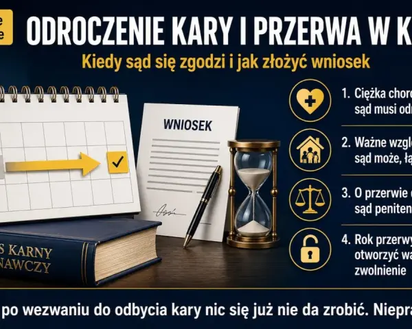 Kalendarz, wniosek i klepsydra symbolizują odroczenie kary wg 9 kkw. Sąd może zgodzić się na przerwę w odbywaniu kary.