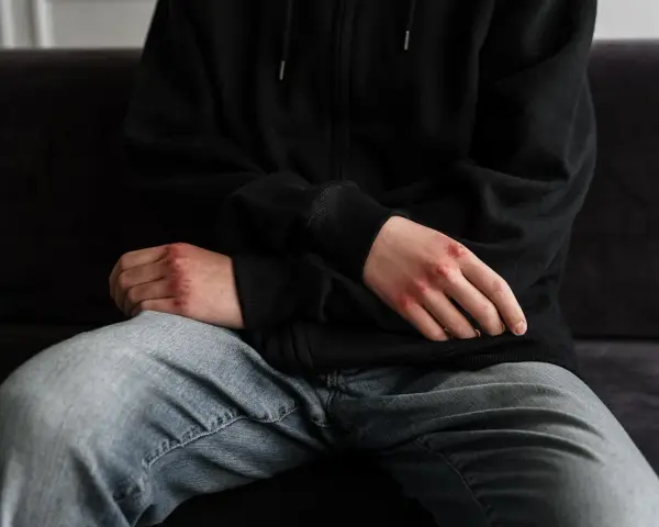 Otarte dłonie z zaczerwienieniami, siedząca osoba w bluzie i jeansach. Może to być symbol stresu przed niebieska karta przesłuchanie.