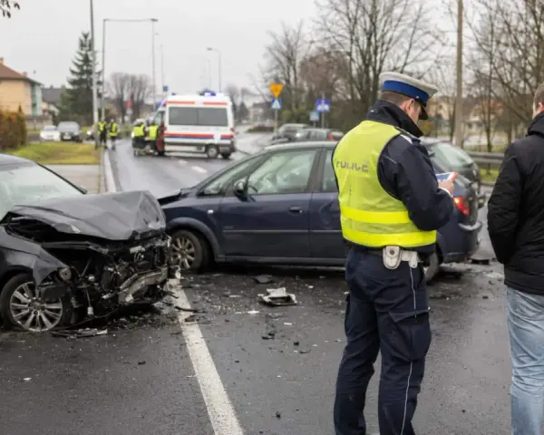 Policjant spisuje notatki po wypadku drogowym. Uszkodzone samochody, art. 177 kk.