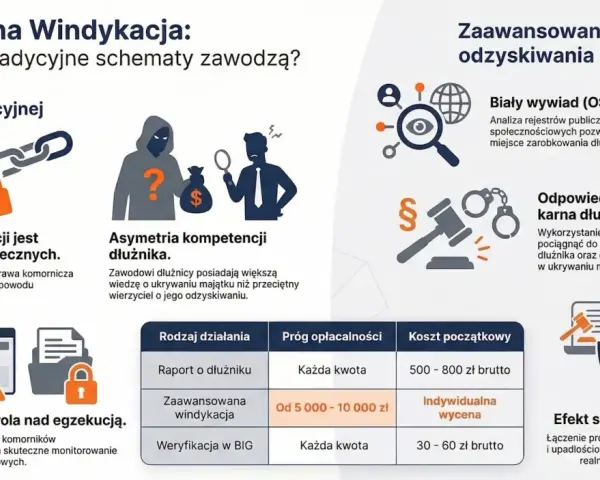 Oskarżony nie płaci zadośćuczynienia? Grafika pokazuje bariery w windykacji i zaawansowane strategie odzyskiwania należności, w tym odpowiedzialność karną dłużnika.