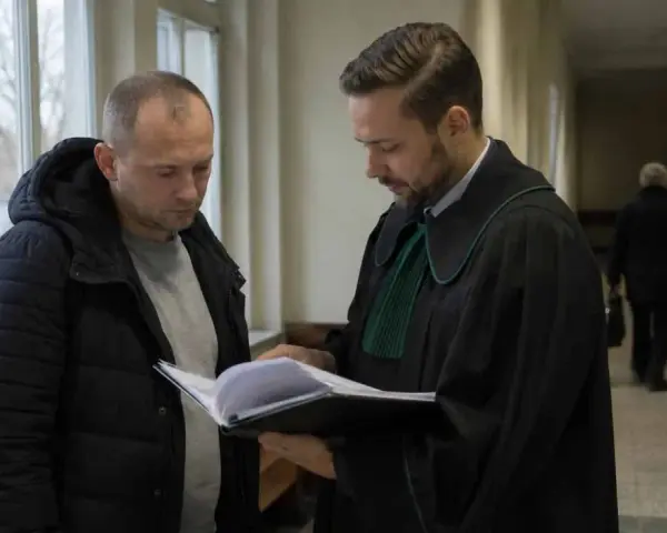 Prawnik w todze pokazuje klientowi dokumenty. Rozmawiają o wniosku o naprawienie szkody kpk.