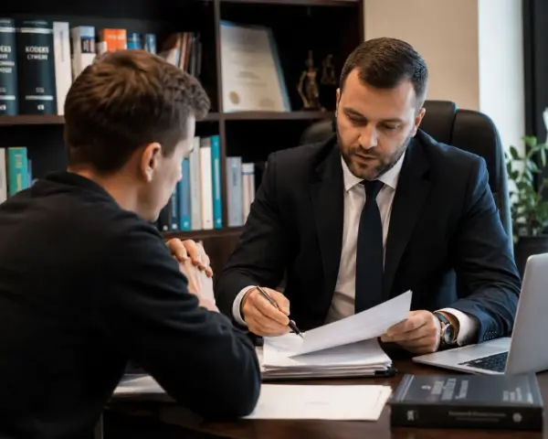 Prawnik w garniturze omawia dokumenty z klientem. Na półkach w tle widać kodeksy. Klient, jak nieświadomy słup, słucha uważnie.