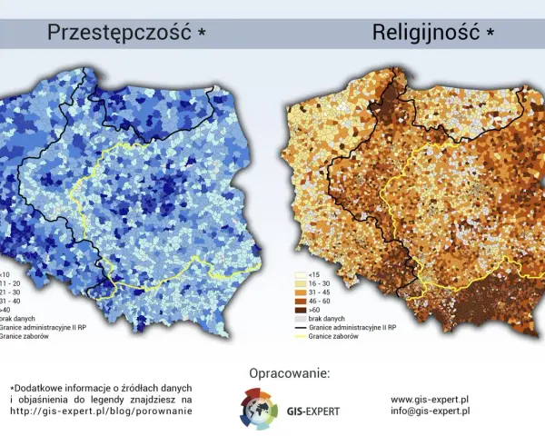 Mapy Polski pokazujące przestępczość i religijność. Analiza danych ujawnia zróżnicowanie tych wskaźników w regionach.