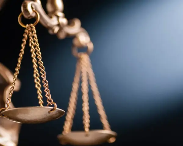 Złota waga Temidy, symbol sprawiedliwości, w blasku światła. Sprawiedliwość waży 15 kkw.