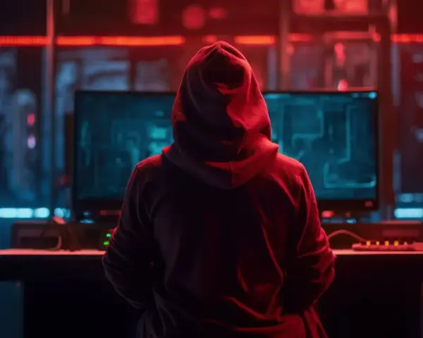 Osoba w czerwonej bluzie z kapturem siedzi przed monitorami, na których widać kod. W tle migoczą czerwone i niebieskie światła. To może być scena z filmu o hakerach, gdzie 130 kk to być może liczba danych lub zaszyfrowanych informacji.