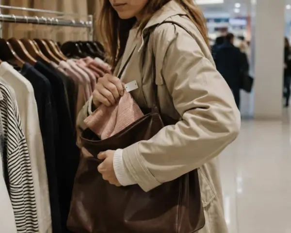 Kobieta w beżowym płaszczu chowa różową rzecz do torby. Zastanawia się, od ilu zł jest kradzież w tym sklepie.