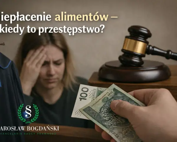 Niepłacenie alimentów może być przestępstwem z art. 209 par. 1 kk. Sądowy młotek, szaty prawnicze i pieniądze symbolizują konsekwencje prawne.