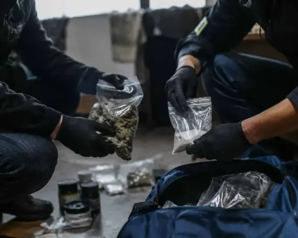 Policjanci w rękawiczkach pokazują zabezpieczoną znaczną ilość narkotyków w woreczkach. W tle torba i inne pojemniki.