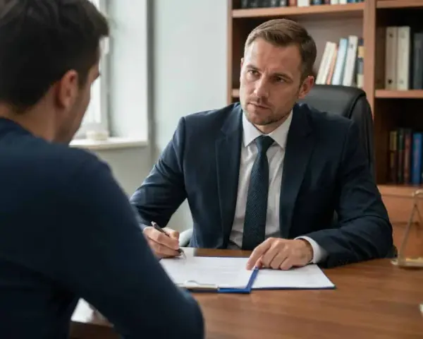 Prawnik omawia z klientem dokumenty dotyczące podjęcia warunkowo umorzonego postępowania. Na biurku waga sprawiedliwości.