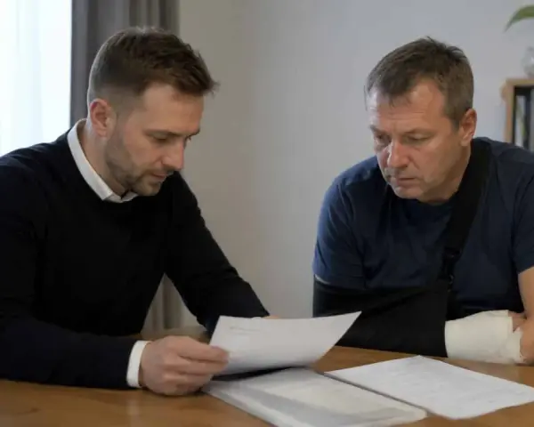 Mężczyzna z ręką w temblaku i bandażu analizuje dokumenty. Prawdopodobnie przygotowuje wniosek o zadośćuczynienie.