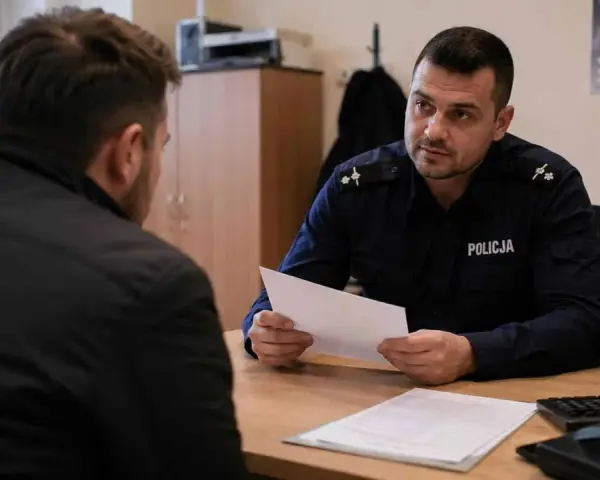 Policjant rozmawia z mężczyzną, trzymając dokumenty. Prawdopodobnie dotyczy to wniosku o zmianę miejsca dozoru policyjnego.