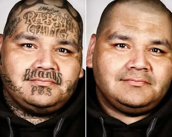 Dwa portrety tego samego mężczyzny. Po lewej widoczne są więzienne tatuaże na twarzy, w tym "RASSIN GANG" na czole i "BRANUS PBS" na policzkach. Po prawej mężczyzna ma czystą skórę.