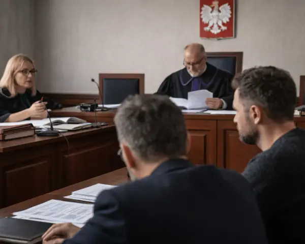 W sali sądowej trwa posiedzenie aresztowe. Sędzia w todze przegląda dokumenty, obok siedzi prokuratorka, a przed nimi mężczyźni w garniturach.