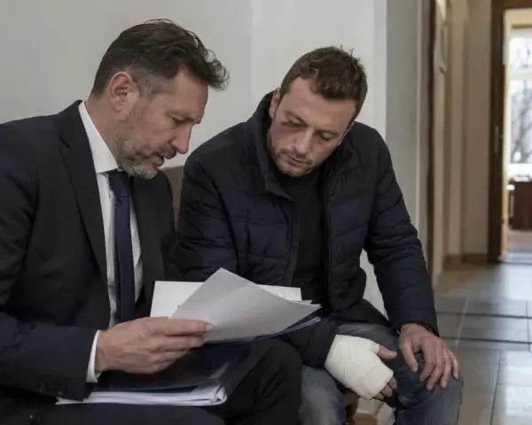 Prawnik omawia z poszkodowanym mężczyzną dokumenty dotyczące artykułu 157 paragraf 2 kodeksu karnego. Mężczyzna ma widoczne obrażenia.