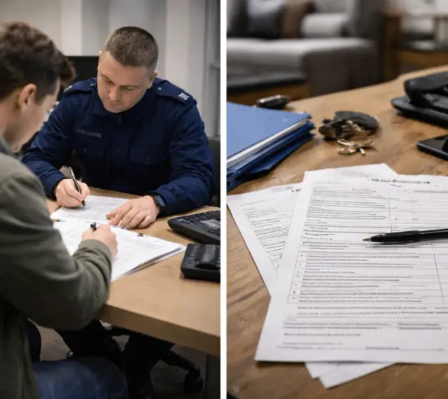 Policjant w mundurze spisuje protokół policyjny z mężczyzną. Na stole leżą dokumenty i długopis.