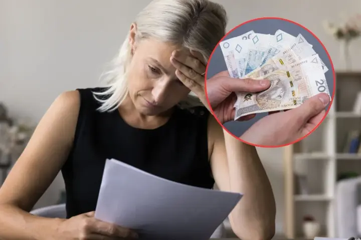 Zmartwiona kobieta czyta dokument, a w kółku dłoń pokazuje banknoty. Może to oznaczać karę grzywny za wykroczenie skarbowe.