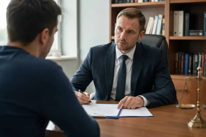Prawnik omawia z klientem dokumenty dotyczące podjęcia warunkowo umorzonego postępowania. Na biurku waga sprawiedliwości.