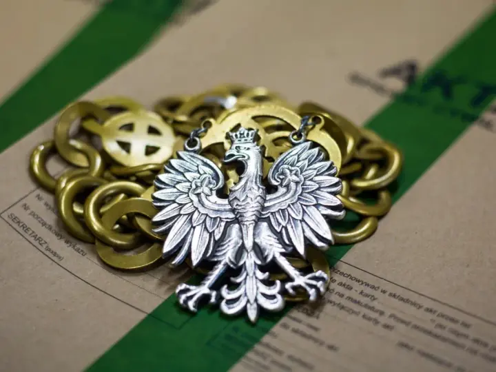Srebrny orzeł na złotym łańcuchu, leżący na aktach. Symbolizuje prekluzja dowodowa w polskim prawie.
