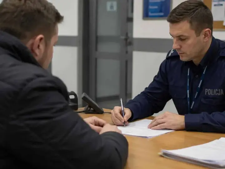 Policjant w mundurze spisuje dokumenty. Dowiedz się, jak sprawdzić status sprawy na policji, aby uzyskać potrzebne informacje.