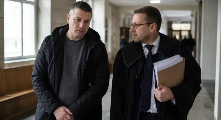 Mężczyzna w czarnej kurtce rozmawia z prawnikiem w todze. Czy usłyszą wyrok w zawieszeniu?