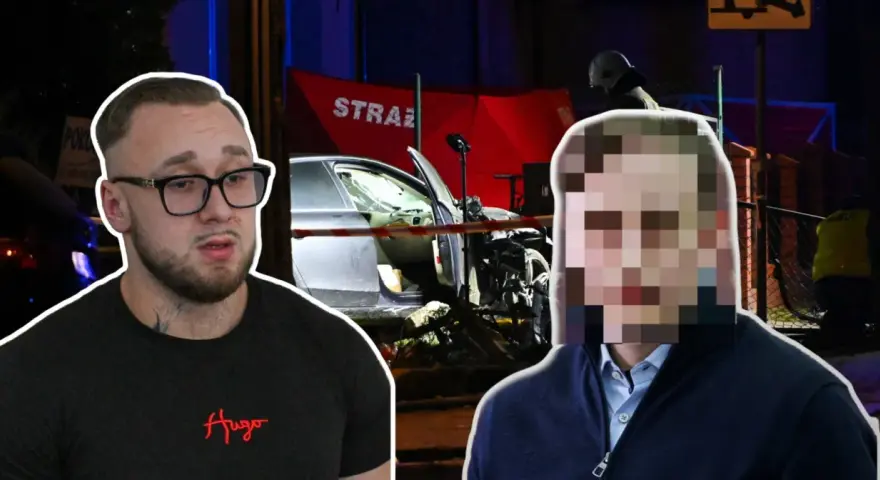 Mężczyzna w okularach i z tatuażami na szyi obok zniszczonego auta i strażaków. Scena sugeruje wypadek, za który można dostać dożywocie.
