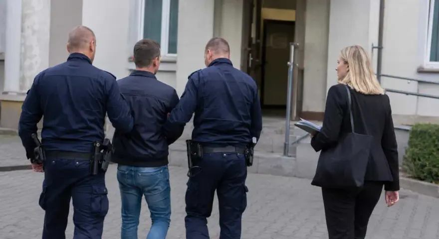 Dwóch policjantów eskortuje mężczyznę, który ma przesłanki do zatrzymania. Obok idzie kobieta z teczką.