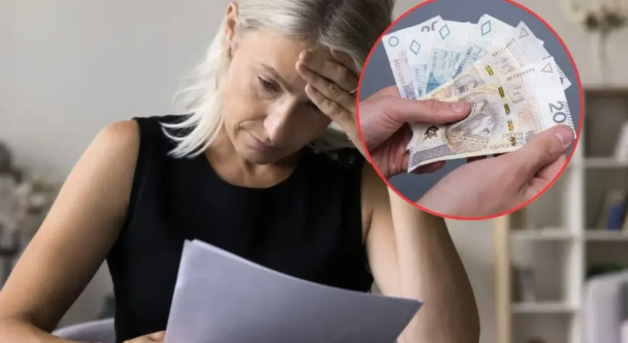 Zmartwiona kobieta czyta dokument, a w kółku dłoń pokazuje banknoty. Może to oznaczać karę grzywny za wykroczenie skarbowe.