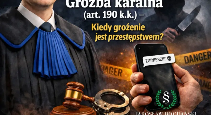 Groźba karalna: sędzia, kajdanki, młotek i telefon z wiadomością "ZGINIESZ!!!!" symbolizują grożenie postępowaniem karnym.