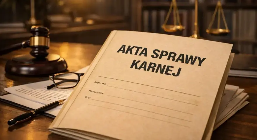 Akta sprawy karnej na biurku prawnika, obok młotka sędziowskiego i okularów. Może to być sprawa, która zakończy się warunkowym umorzeniem postępowania.