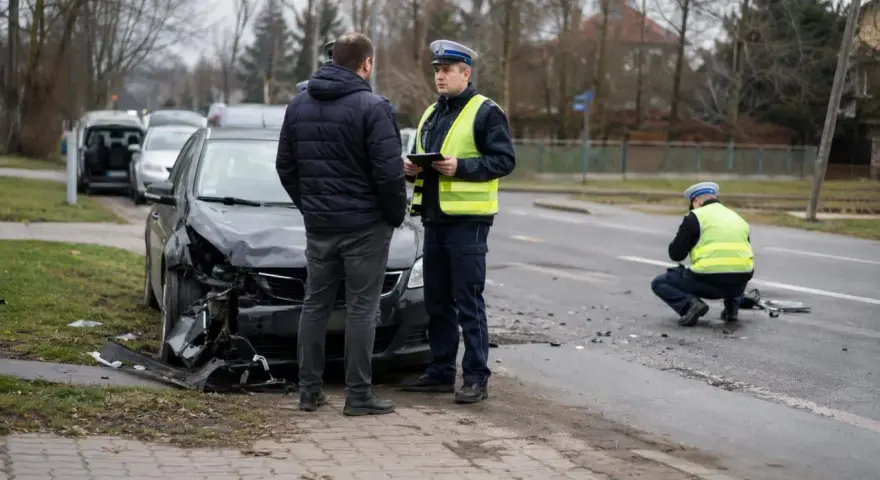 Policjant spisuje zeznania po wypadku. Uszkodzony samochód i ślady na drodze wskazują na poważne zdarzenie, które może skutkować karą za spowodowanie wypadku z uszczerbkiem na zdrowiu.
