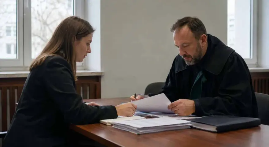 Adwokat w todze i kobieta analizują dokumenty. Stawiennictwo nieobowiązkowe na rozprawie karnej wymaga przygotowania.
