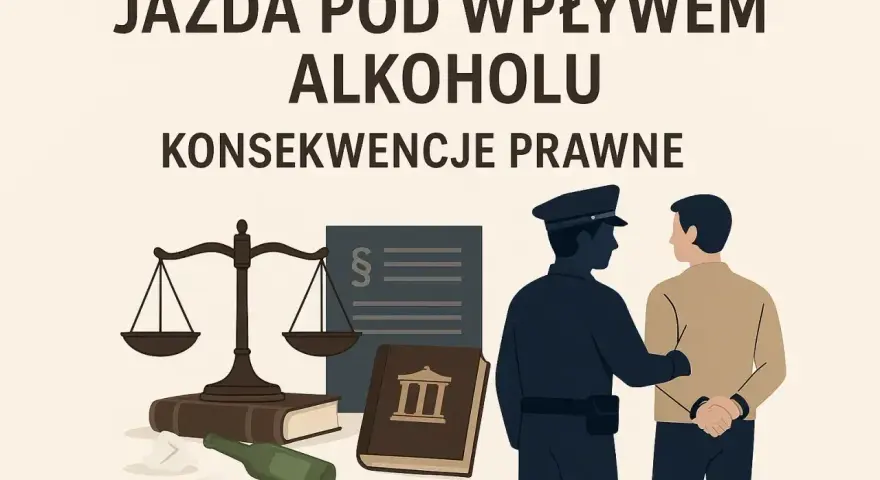 Policjant prowadzi pijanego kierowcę. W tle waga sprawiedliwości, kodeksy i butelka. Konsekwencje prawne jazdy pod wpływem alkoholu, art. 178a kk.
