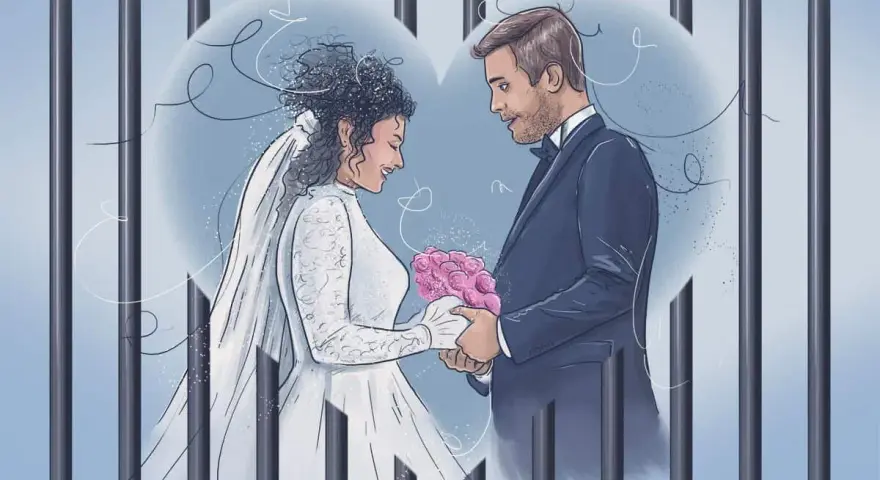Para ślubna w strojach ślubnych za kratami więzienia, z sercem w tle.