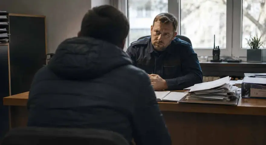 Policjant w mundurze rozmawia z mężczyzną w kurtce. Na biurku stosy dokumentów, jakby przygotowywano komentarz do art. 284 par. 2 kk.