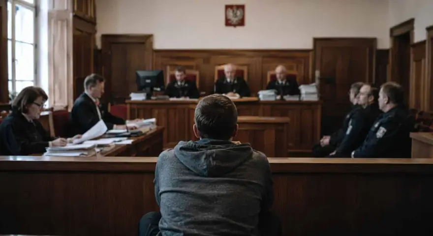 Młody mężczyzna w szarej bluzie siedzi tyłem do widza, w sali sądowej. Jest małym świadkiem koronnym, otoczonym przez sędziów i policjantów.