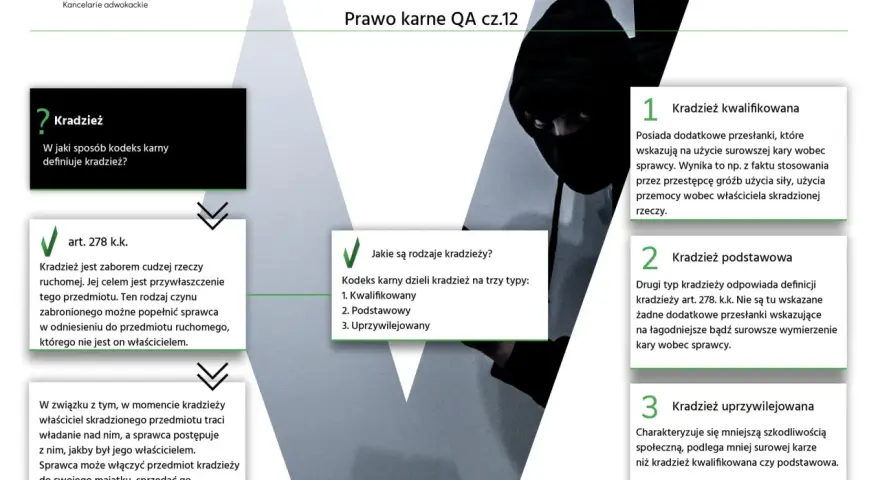 Kradzież, definicja z art. 278a par. 1 kk: zabór cudzej rzeczy ruchomej w celu przywłaszczenia. Omówienie rodzajów kradzieży.