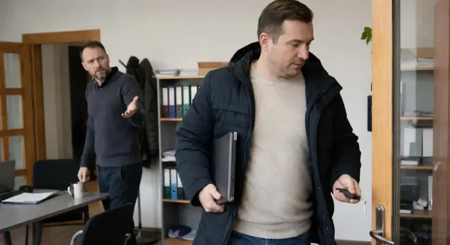 Mężczyzna wychodzi z biura z laptopem pod pachą, trzymając kluczyki. Jego kolega gestykuluje, sugerując przywłaszczenie mienia.