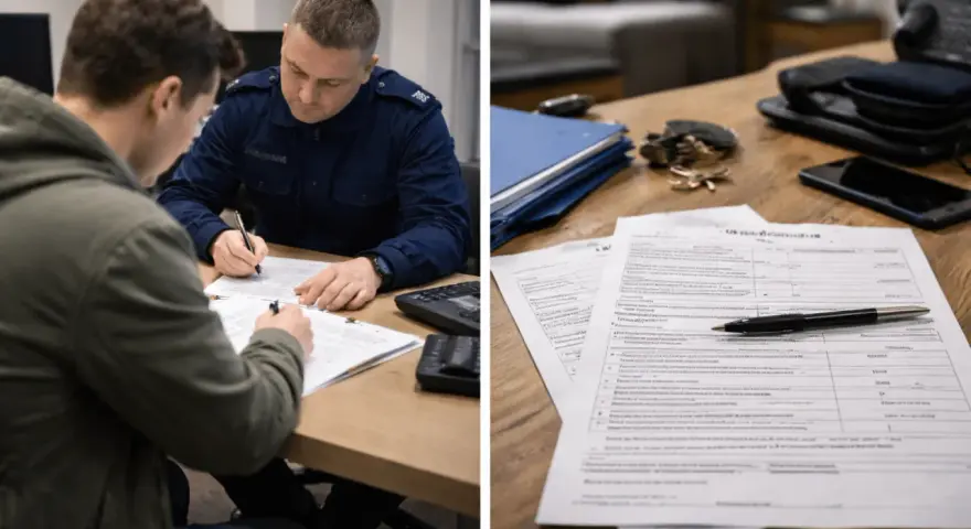 Policjant w mundurze spisuje protokół policyjny z mężczyzną. Na stole leżą dokumenty i długopis.