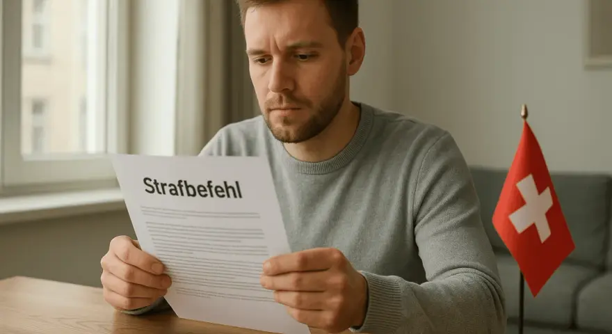 Mężczyzna czyta dokument "Strafbefehl", który może oznaczać karę grzywny. Obok stoi flaga Szwajcarii.