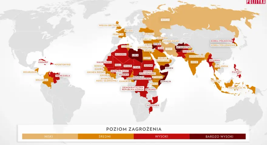 Mapa świata z zaznaczonymi krajami, gdzie nie ma ekstradycji. Kolory wskazują poziom zagrożenia: od niskiego (pomarańczowy) do bardzo wysokiego (czerwony).