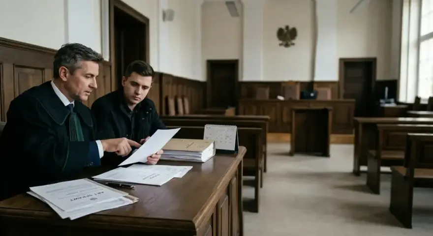 Prawnik w todze omawia dokumenty z klientem w sali sądowej. Czy do apelacji potrzebny jest adwokat? Tak, często jest niezbędny.