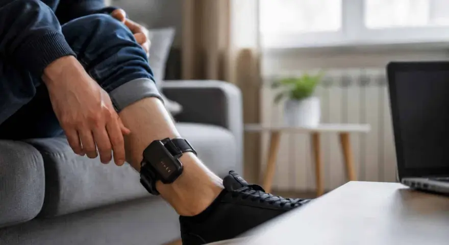 Osoba z elektroniczną obrożą na nodze. To urządzenie monitorujące, które może być częścią kary, a niekoniecznie oznacza, że ktoś "grypsuje" w sensie więziennym.