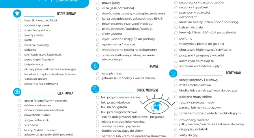 Lista rzeczy do więzienia: odzież, obuwie, dokumenty, przybory toaletowe, leki, elektronika, finanse, rzeczy dodatkowe.